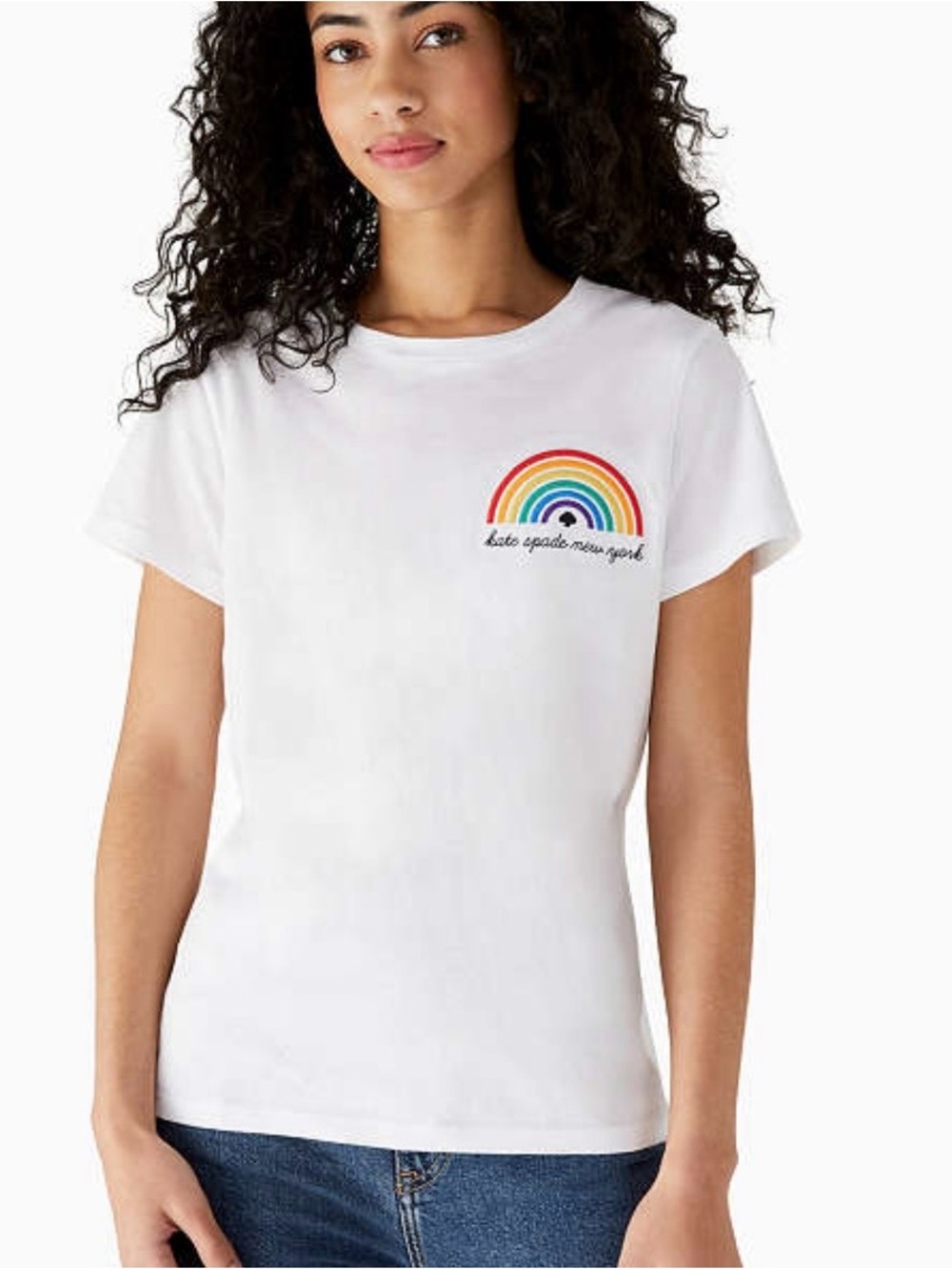 kate spade White Tee with Rainbow Chest Embroidery